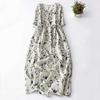 Women V-Neck Floral Linen Midi Dress Short Sleeve Drawstring Waist A-Line Casual Summer Vintage Print Long Dress