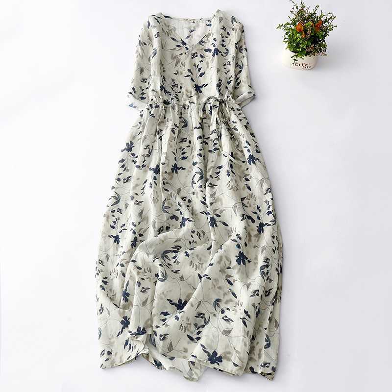 Women V-Neck Floral Linen Midi Dress Short Sleeve Drawstring Waist A-Line Casual Summer Vintage Print Long Dress