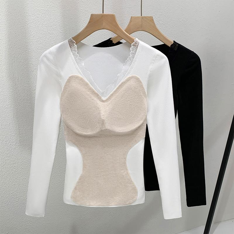 German Velvet Bottoming Shirt Women's 2025 New Lace Splicing Long-sleeved Inner Cover Autumn Clothes Velvet with Chest Pads Thermal Underwear