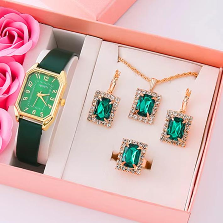 Square Women'S Gem Set Watch Women'S Popular 5Pcs Quartz Watch Set Gift Box