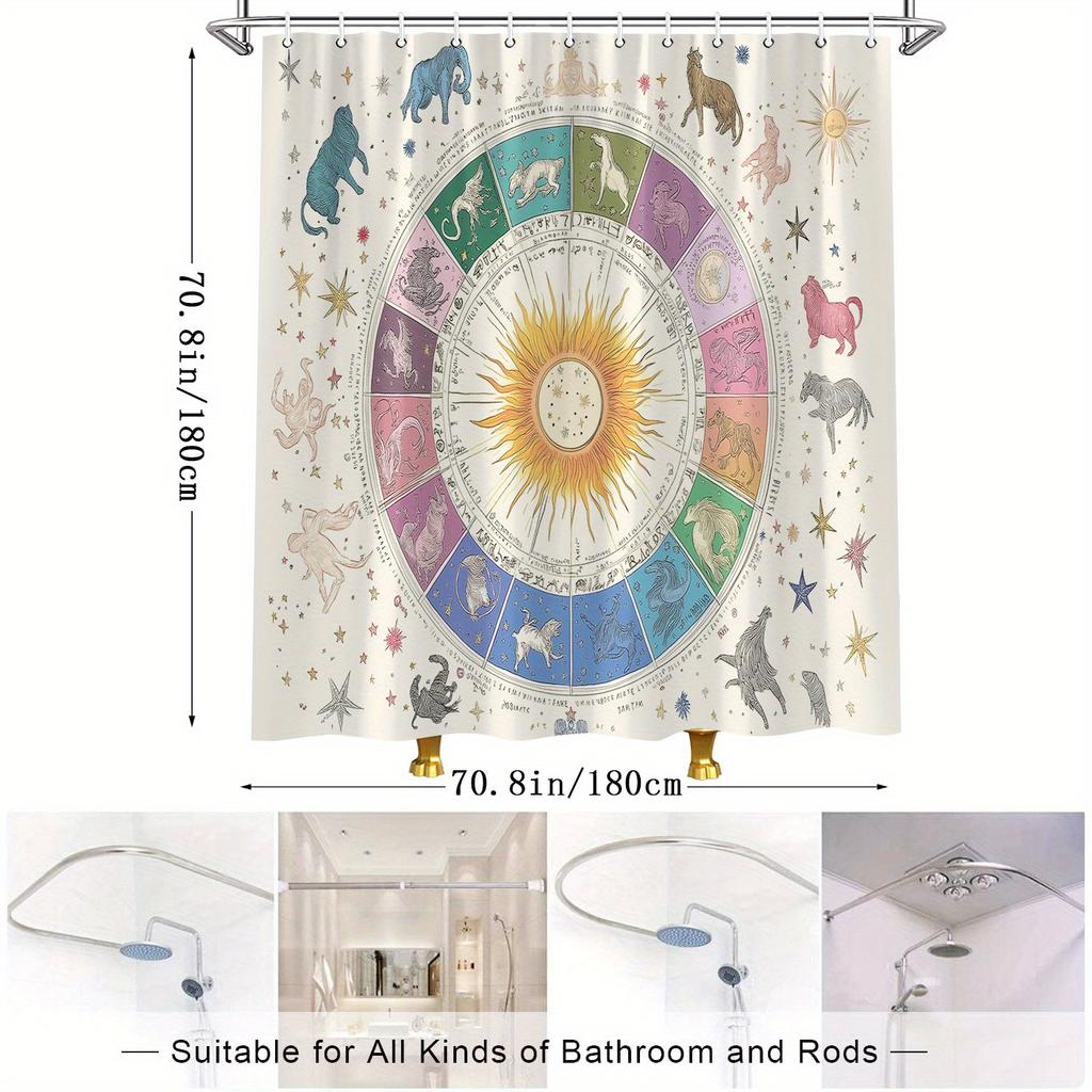 Zodiac Astrology Shower Curtain - Watercolor Sun & Signs, Vintage Woven Landscapes, Water-Resistant Polyester,  Line Dry