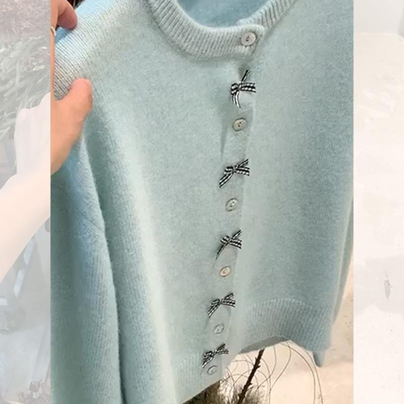 Blue knitted cardigan jacket women's spring and autumn bow sweater wearing raccoon velvet soft waxy top