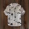 Summer Fashion Large Size Youth Men's Short Sleeve Shirt Linen Cardigan Lapel Funny Cat Ink Painting Print