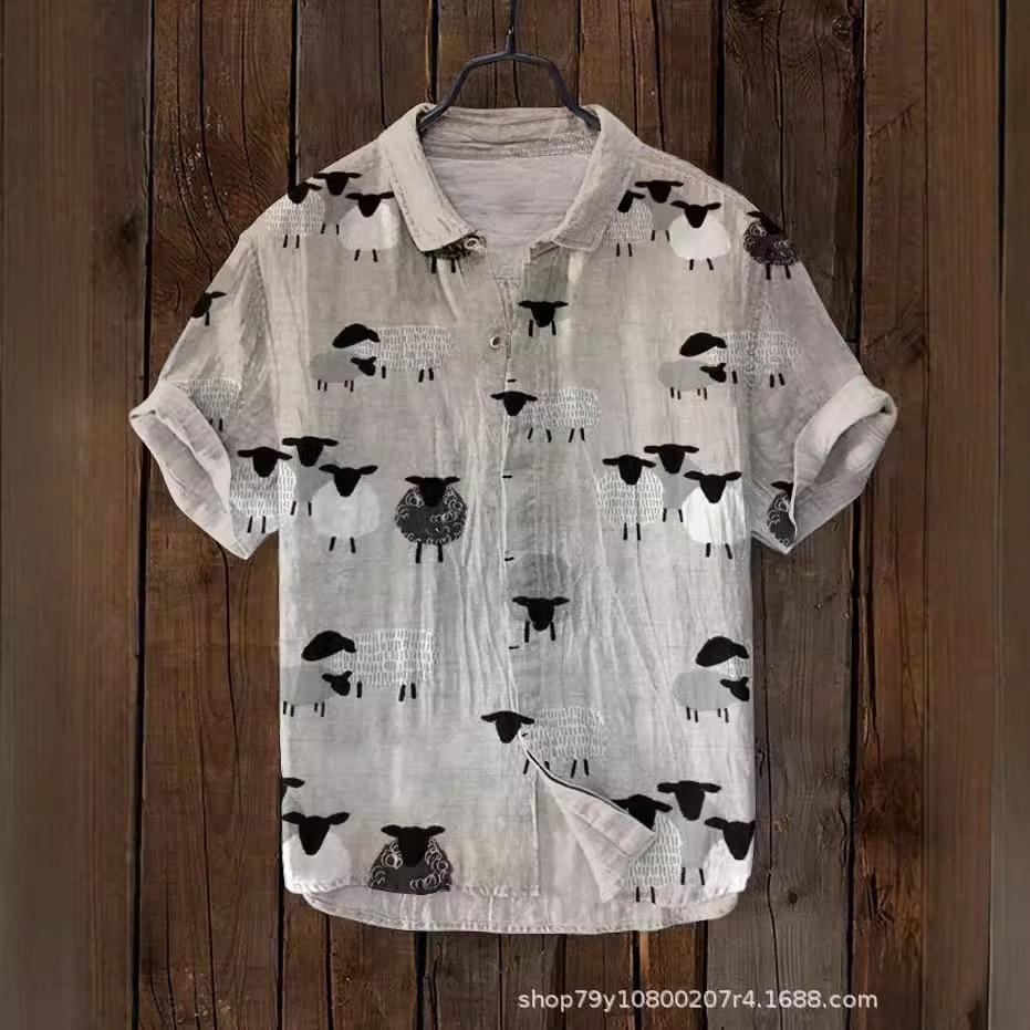 Summer Fashion Large Size Youth Men's Short Sleeve Shirt Linen Cardigan Lapel Funny Cat Ink Painting Print