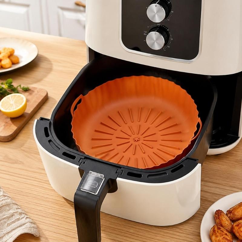 Round and Square Cooking Basket Trays in Reusable Silicone with Grip Handle Design and Crumb Collecting Base Pair