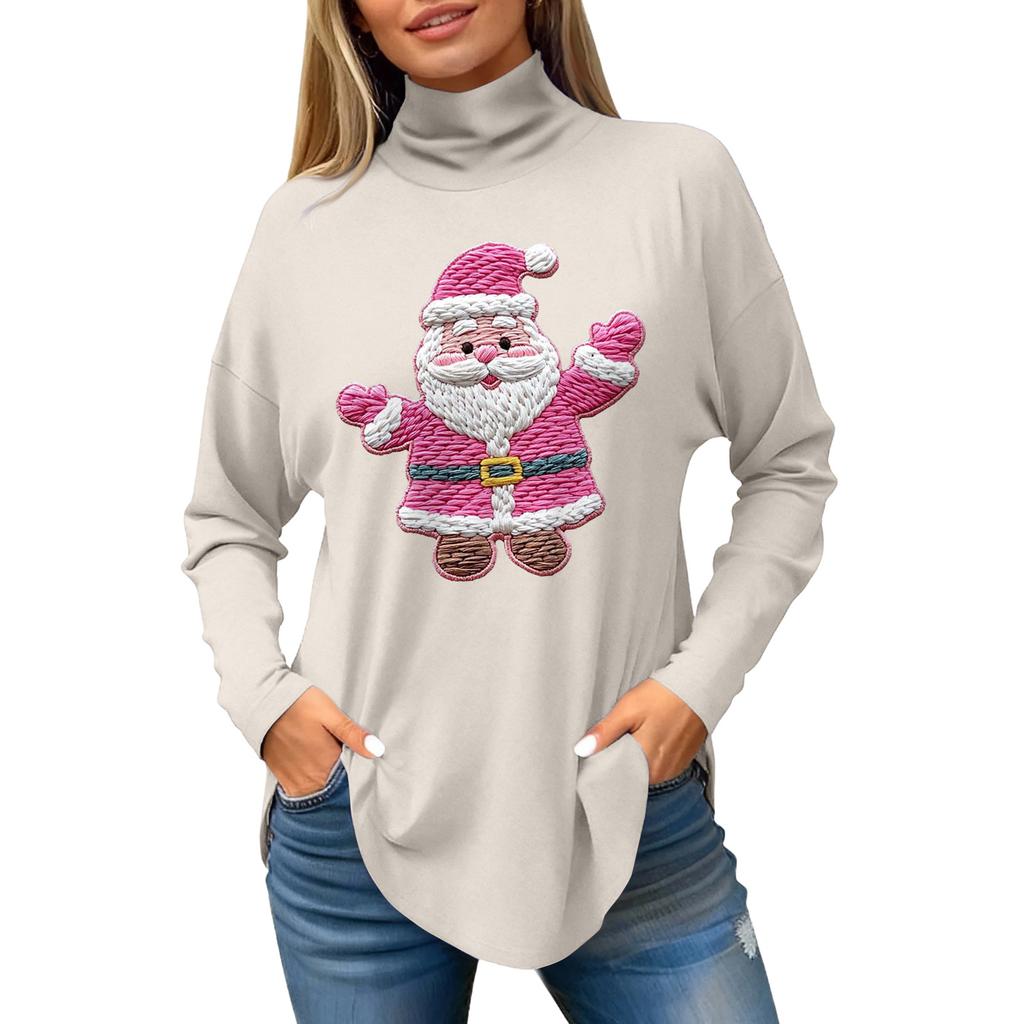 Women's Fashionable Loose-Fit High-Neck T-Shirt With Christmas Print Long-Sleeved Top