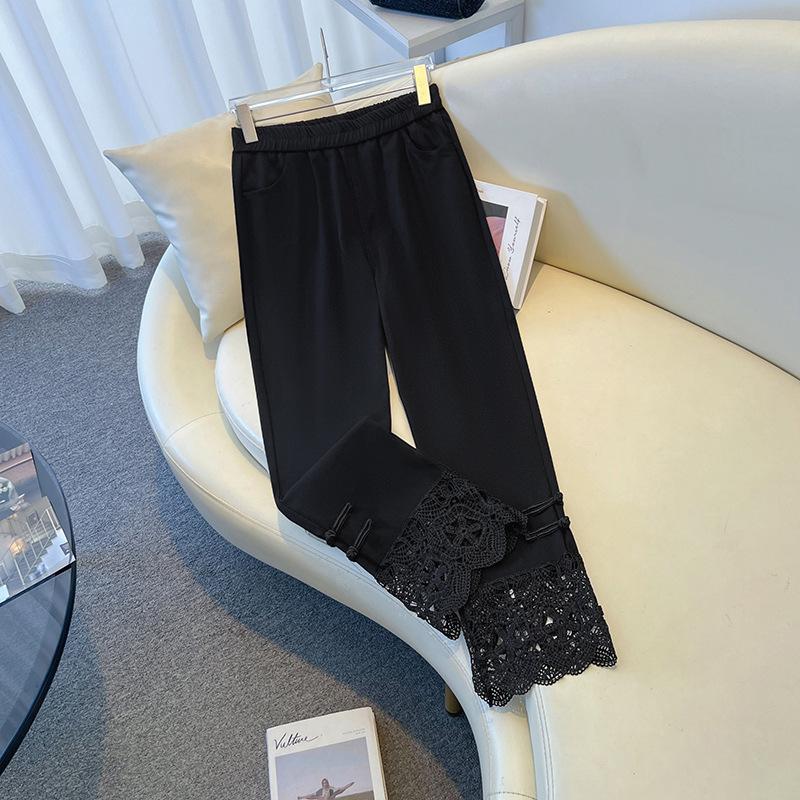 

200 Jin Plus Size Women s Lace Button-Up Skinny Jeans - Retro Spring/Summer Straight Leg Cigarette Pants 8XL (230-260 jin) чёрный