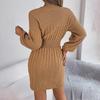 Autumn Winter Sexy Cross V Neck Batswing Sleeve Solid Color Wrap Hip Woolen Dress