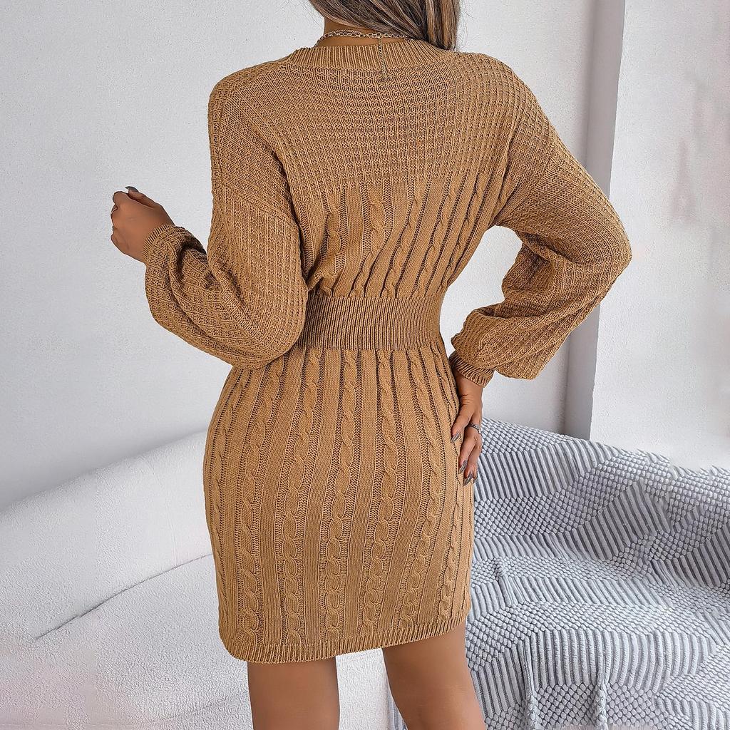 Autumn Winter Sexy Cross V Neck Batswing Sleeve Solid Color Wrap Hip Woolen Dress