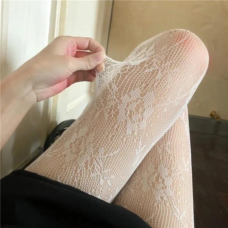 Women Sexy Black White Lolita Hollowed Lace Mesh Stockings Bottomed Pantyhose Japanese Goth Floral Rattan Fishnet Classic Tights