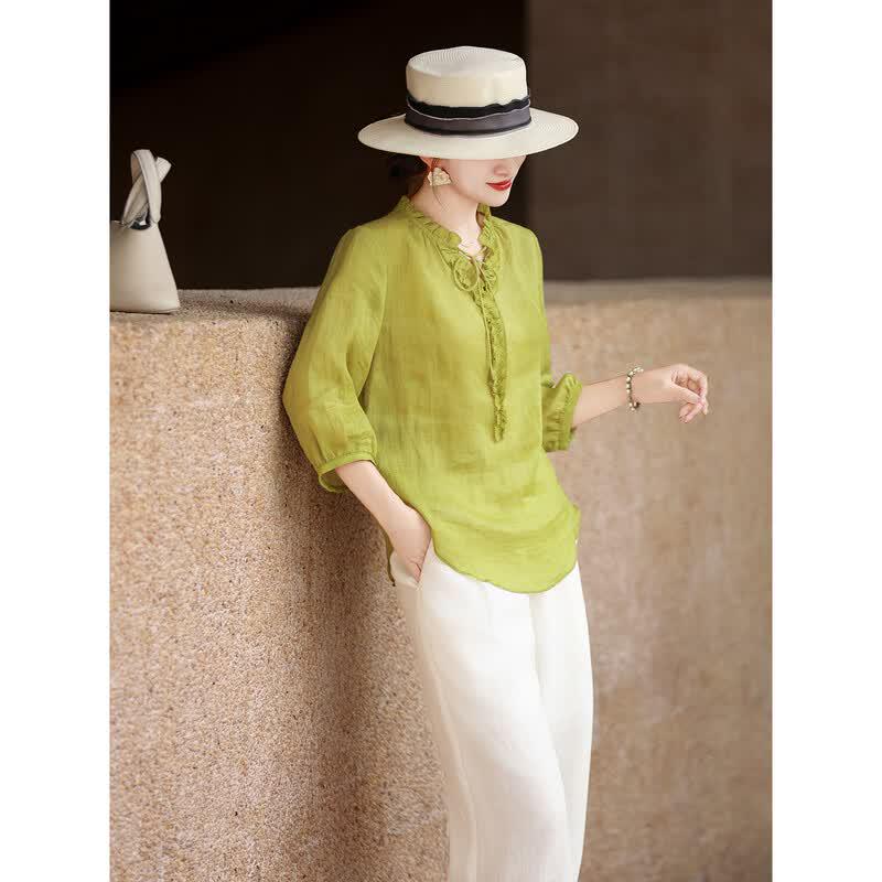 Lanse er Elegant Ramie V-Neck Blouse L