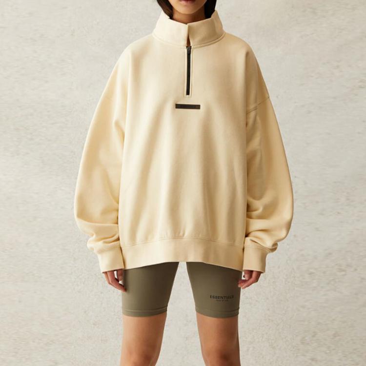 Fear of God Essentials Mockneck Half Zip Fleece Sweatshirt With Logo Print Unisex Sweatshirt Buttercream FOG-SS21-576