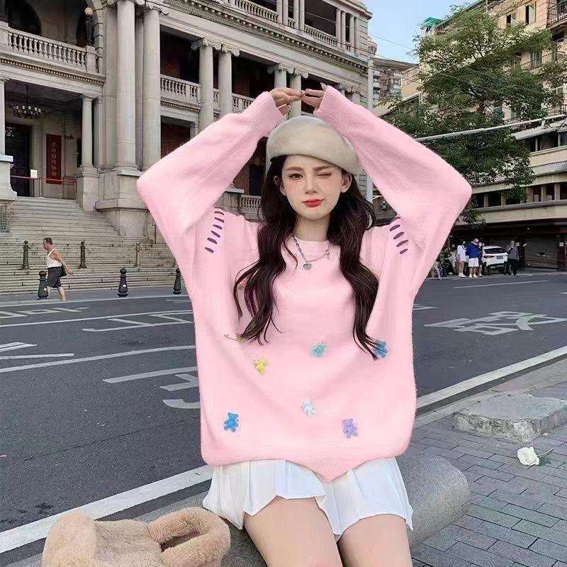 

Женская декоративная брошь «Маленький мишка» для свитеров, корейский свободный вязаный свитер однотонного цвета на осень, универсальный пуловер с круглым вырезом, женский топ Onesize розовый