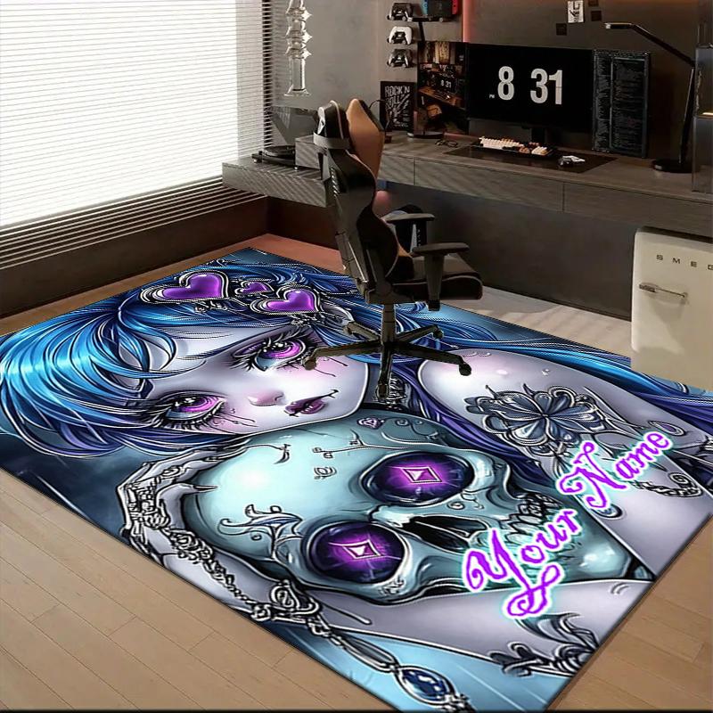 1PC Custom Name Gothic Fantasy Skull Art Theme Floor Mat Ideal for Living Room, Game Rooms, Office, Bedroom, Office Floor Mat , Floor Mats for Home