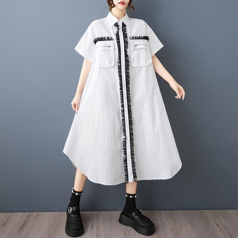 Kurzarm-Kleider in Übergröße aus Baumwollnetz, Vintage, neu in Kleidern für Damen, lässig, locker, lang, Sommer, Hemdkleid