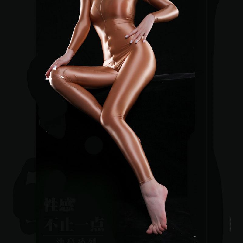 Sexy Women Full Body Bodysuit Oil Gloosy Sexy Tights Shaping Thong Open Crotch Catsuit Sheer See Through Maid Leotard