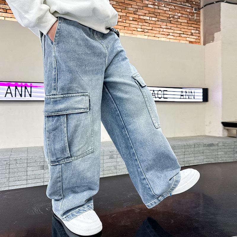 School Boys Casual Cargo Jeans With Pocket Preppy Loose Style Teenage Child Denim Pants High Fashion Kids Jeans Trousers 5-14 Y