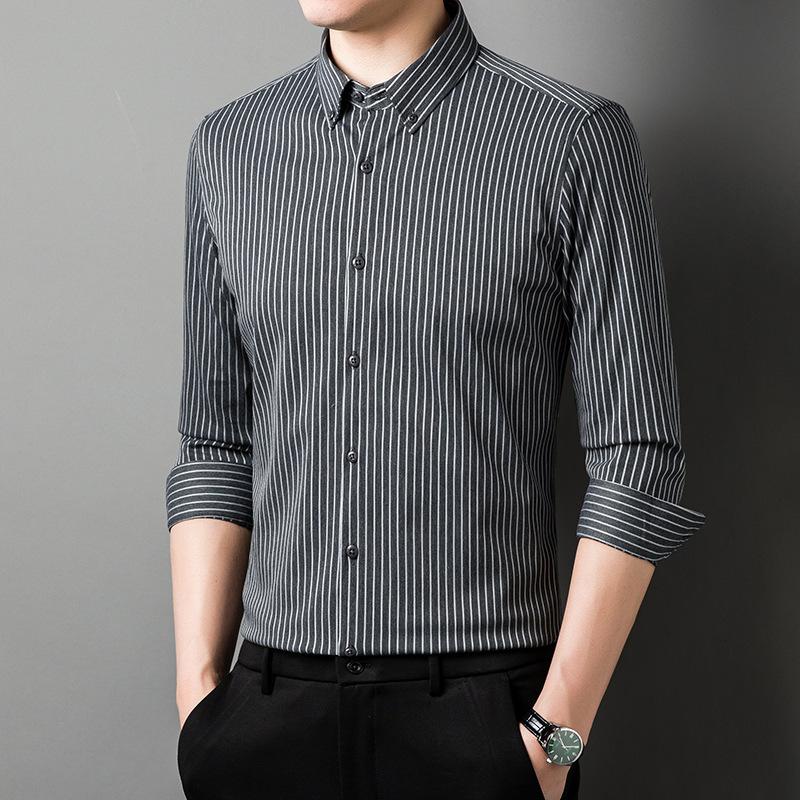 Striped Shirt Long Sleeve Winter Wrinkle-Resistant Middle-Aged & Young Business Casual M серый