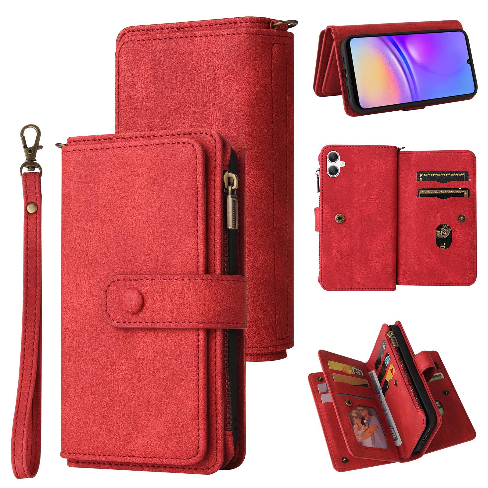 

For Samsung Galaxy A06 5G/Galaxy A06 4G Zipper Wallet Case with 15 Card Slots and Strap Leather Phone Cover Red