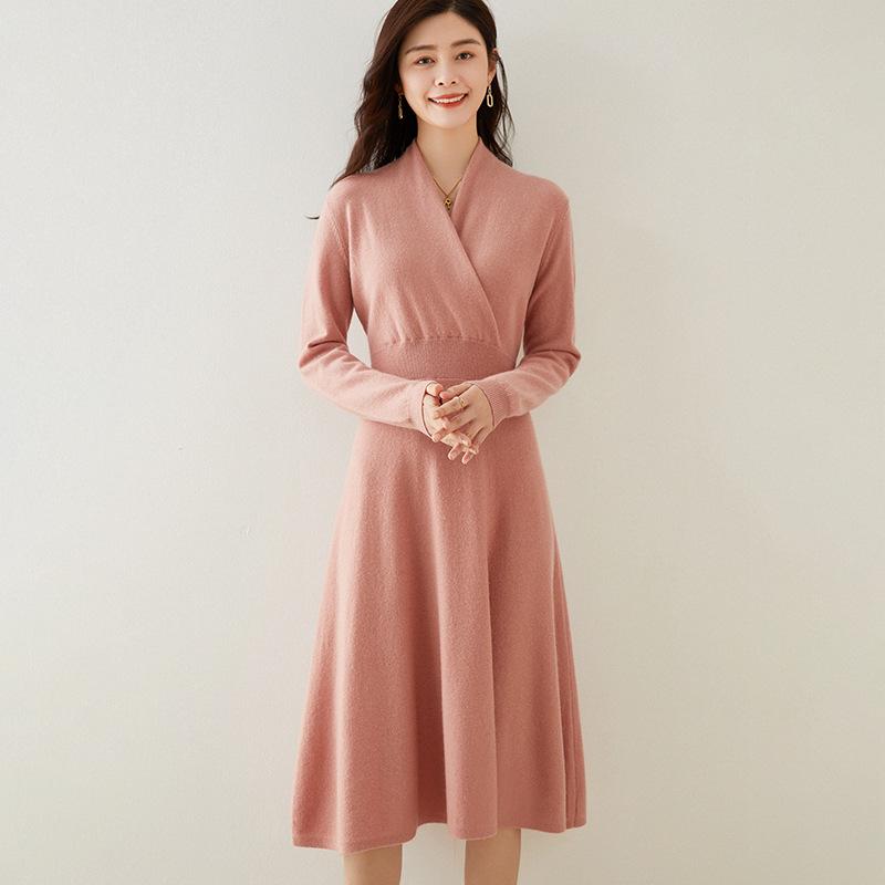 Autumn/Winter Cashmere Cross-Collar Long Knit Dress - Slim-Fit Skirt for Elegant and Commuting Style