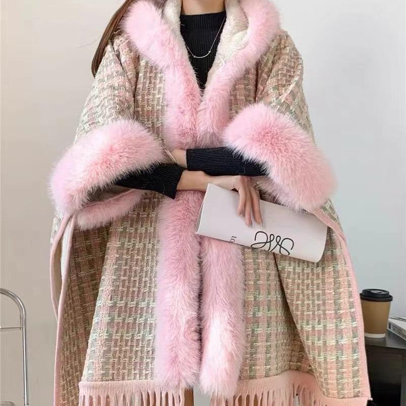 Cloak Shawl Wool Jacket Women'S Winter Hooded Medium Long Fleece Thickened Versatile Plaid Fringed Cloak Coat