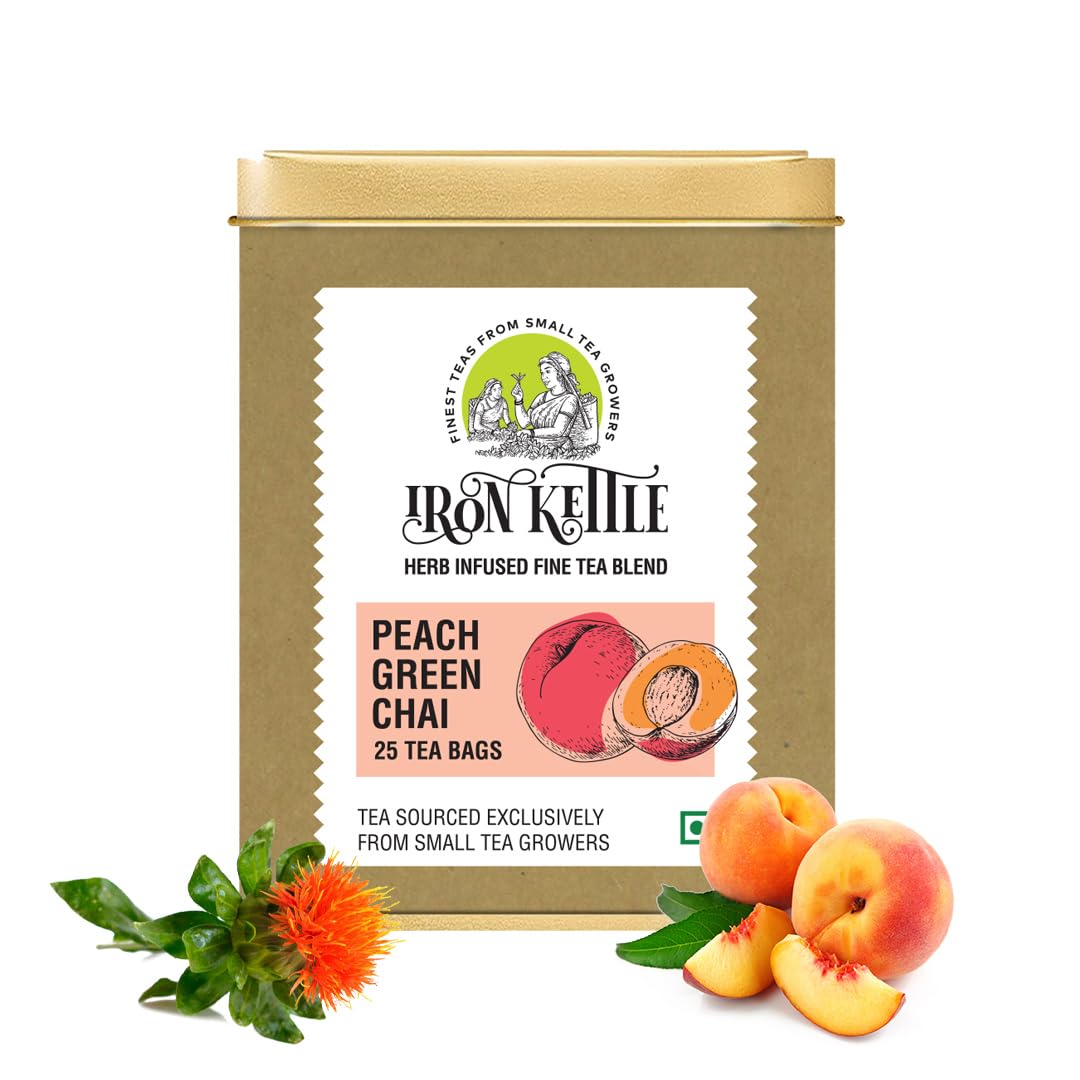 Eisenkessel Pfirsich Grüner Tee | Hochland Grüner Teebeutel gemischt mit Saflor & natürlichem Pfirsichextrakt | Ausschließlich von kleinen Tee beige