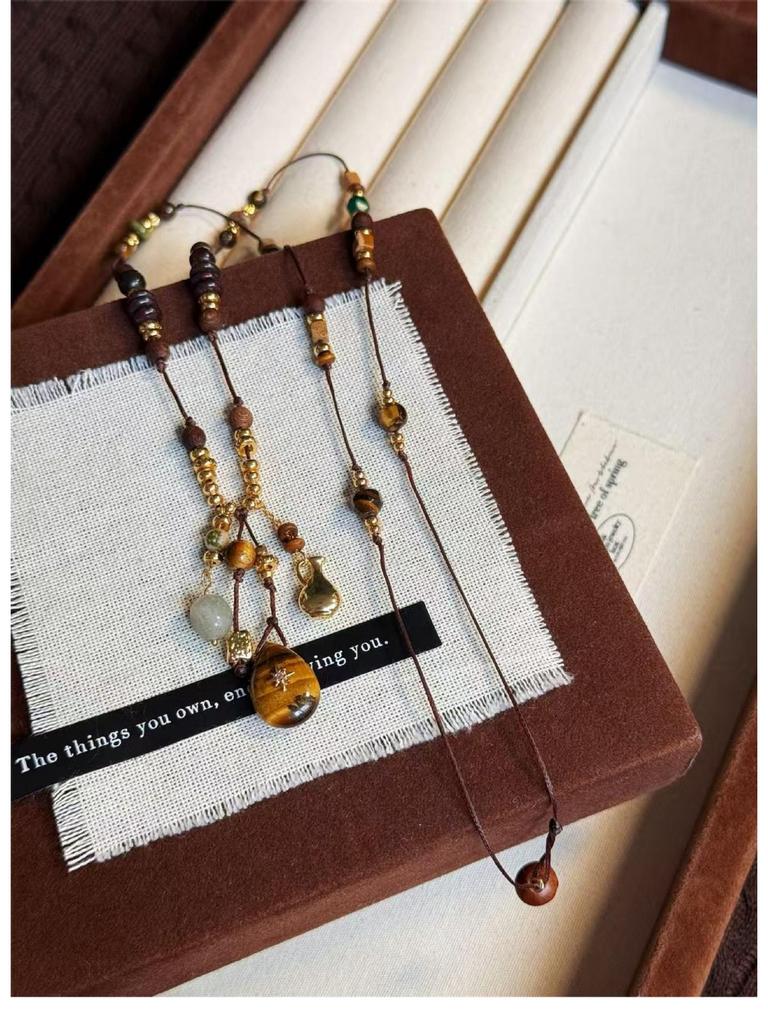 Tiger Eye Teardrop Beaded Necklace - Ethnic Style Retro Sweater Chain, Light Luxury High-End Accessory