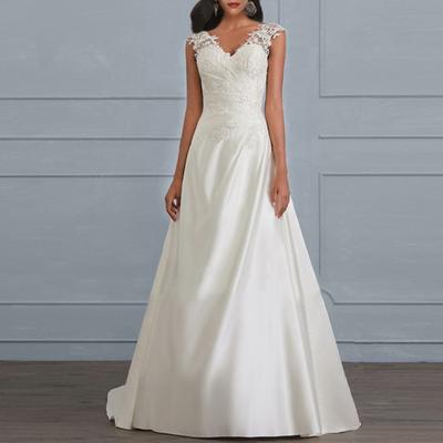 Wedding Dress for Bride Lace Applique V-Neck Sleeveless Bridal Dress Satin Formal Dress