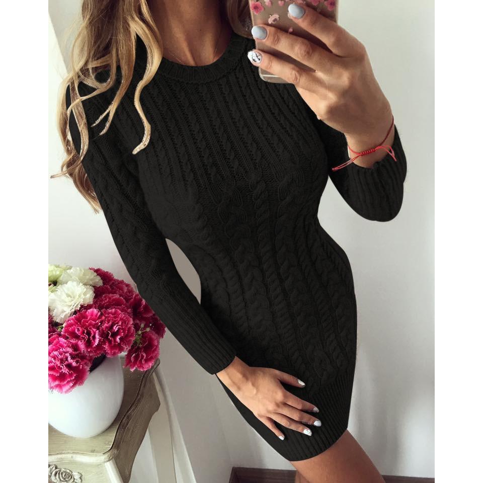 Fashionable Knitted Sweater, Round-neck Long-sleeved Dress