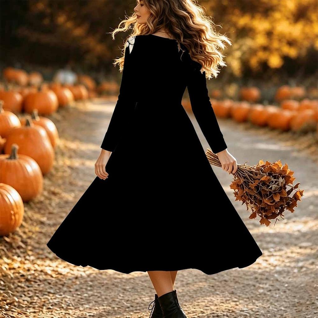 Halloween Women's Skeleton Halloween Print Midi Dress A Line Dress Vacation Casual Daily Regular Fit Long Sleeve V Neck Black Spring Fall