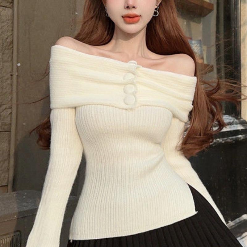 Милый свитер Y2k с открытыми плечами женский трикотажный тонкий элегантный топ с пуговицами и косой горловиной эстетика 2000-х годов корейская мода повседневные пуловеры S белый 2219₽