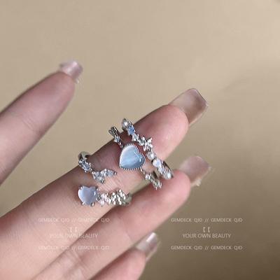 Sea Blue Love Moonstone Open Ring Women's Niche Design Sense Index Finger Ring Temperament Adjustable Ring