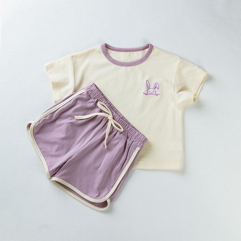 

Летние повседневные спортивные костюмы для девочек, вышитые футболки с короткими рукавами, шорты, костюмы из 2 предметов, одежда для малышей, наряды для мальчиков и девочек 66 фиолетовый