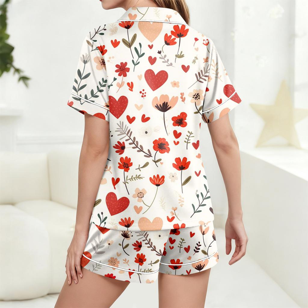 Damen Casual Mode Weihnachts-Print Kurzärmeliges Hausanzug-Set mit Knopfleiste, Kurzarm-T-Shirt und Shorts