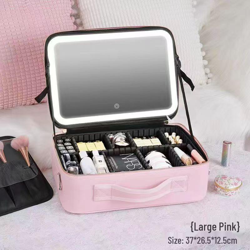 Large Capacity Detachable Makeup Bag with LED Mirror for Professional Use, Easy to Clean