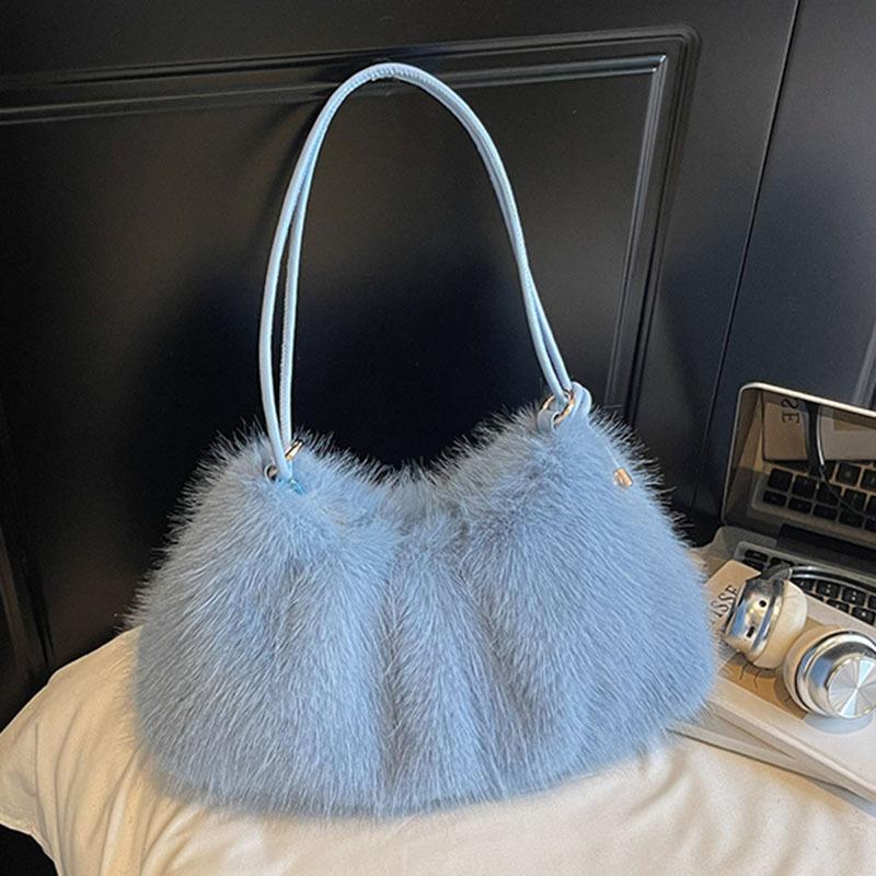 Women's Large Capacity Shoulder Bag Solid Color Plush Imitation Fur Handbag For Autumn And Winter Fashion
