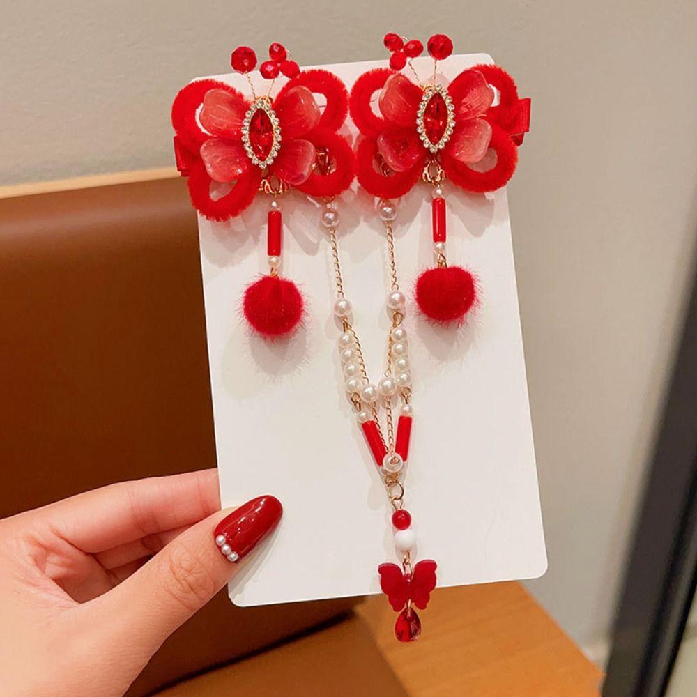 Hanfu Headwear Chinese Style Red Barrettes Forehead Chain Ancient Style Hair Clip Girls