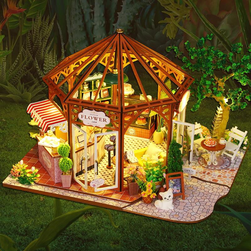 Wooden Doll House Flower Coffee Casa 3D Puzzle Assembly Building Model Dollhouse Bookshelf With Furniture Lights Birthday Gifts