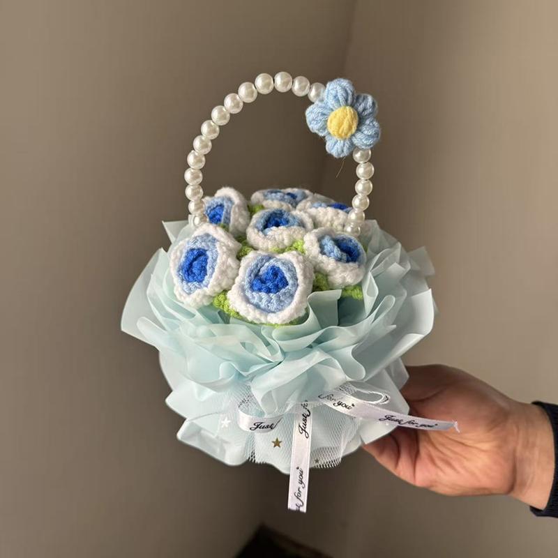 Handmade Crocheted Flower Basket Rose Sunflower Flowers Bouquet Couples Valentine'S Day Mother'S Day Teacher'S Day Gifts