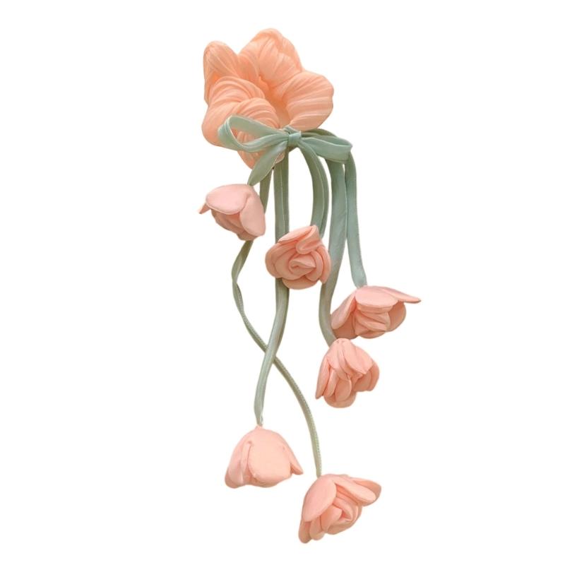 

Tulips Floral Hair Scrunchie Headbands Hair Rope With Fringe Tassels Trim Sheer Mesh Hair Tie For Women Girls помаранчевий/жовтий