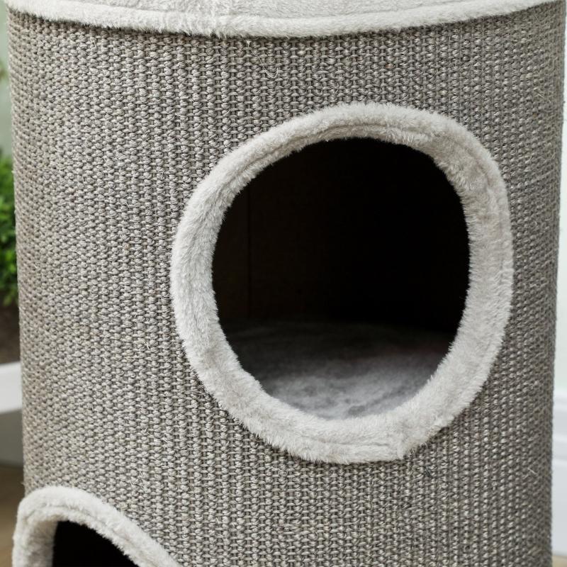 Scratching barrel, 60 cm high, Ø 35 cm, two-story cat barrel with 2 caves, plush rim, for 1-2 cats up to 5 kg, light grey