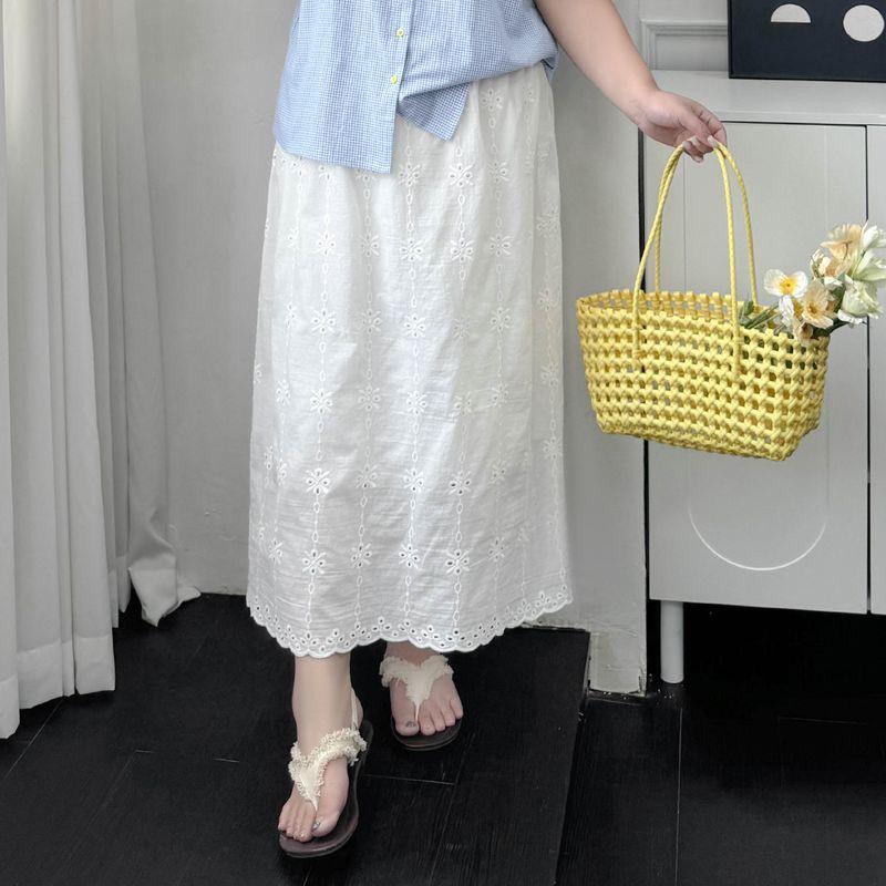 

Plus size women clothing [Blue Yang Xia] Preppy Plaid Shirts Summer Lapel Embroidery Design Sense Short sleeve Top Cheese White-Skirt 3XL