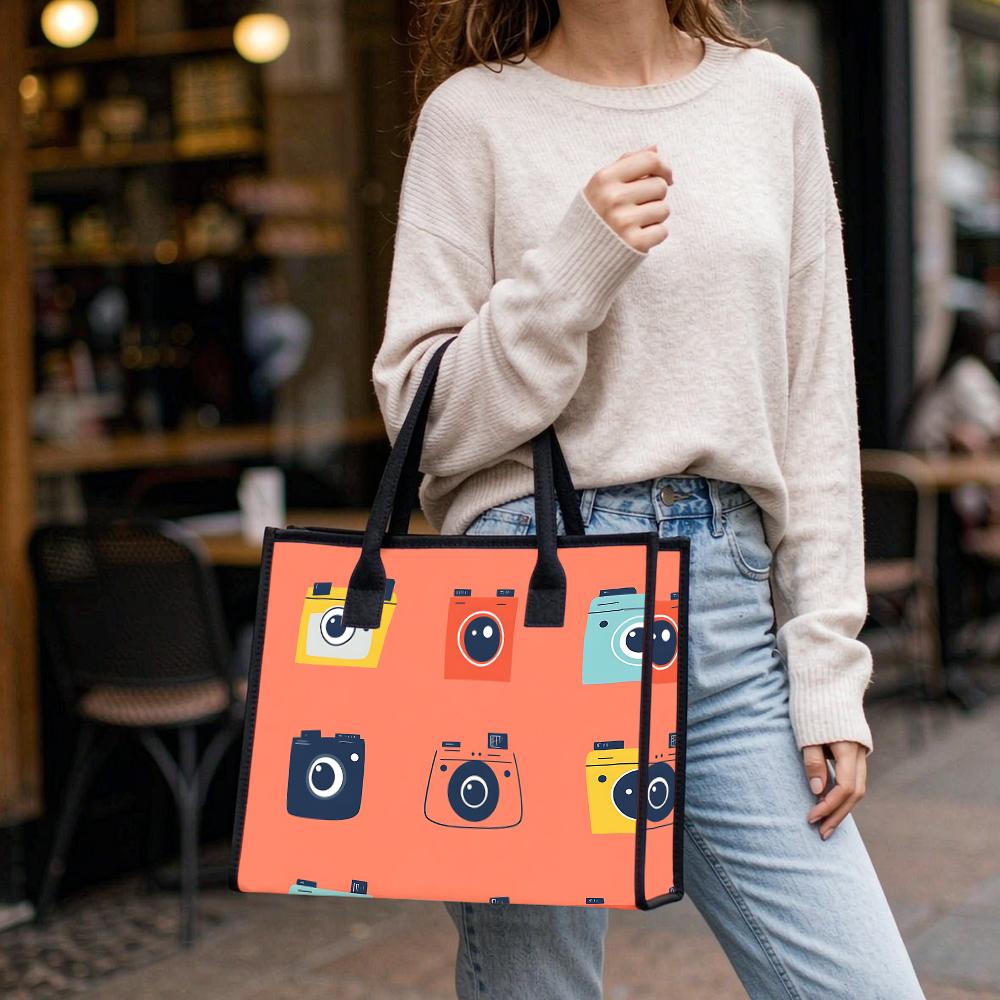 Cute Camera Pattern Tote Bag Casual Shoulder Handbag for Daily Use