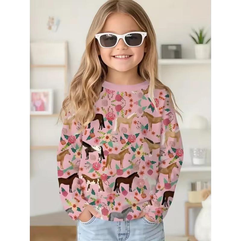 Girl Clothes Fashion Horse 3D Print Kids Long Sleeves T-Shirt Loose Casual Autumn Tops Outdoor Comfortable Children's Clothing