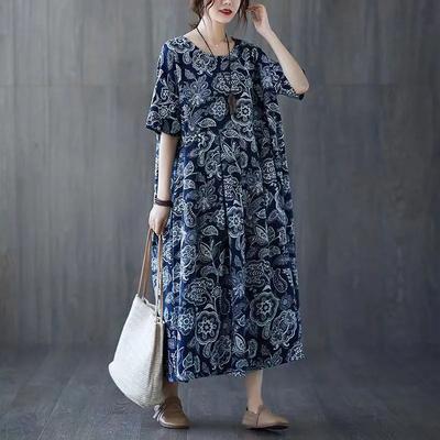 Spring and Autumn Women's Retro Ethnic Style Loose Plus Size Big Swing Dress