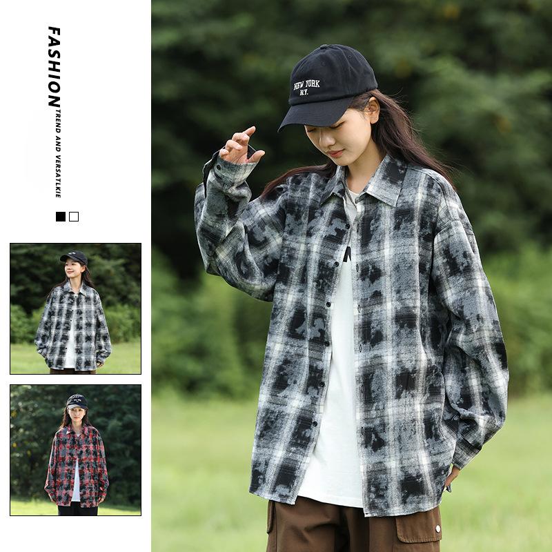 Tie-dye plaid long-sleeved shirts for men and women, autumn new trendy Hong Kong style casual jackets, youth tops