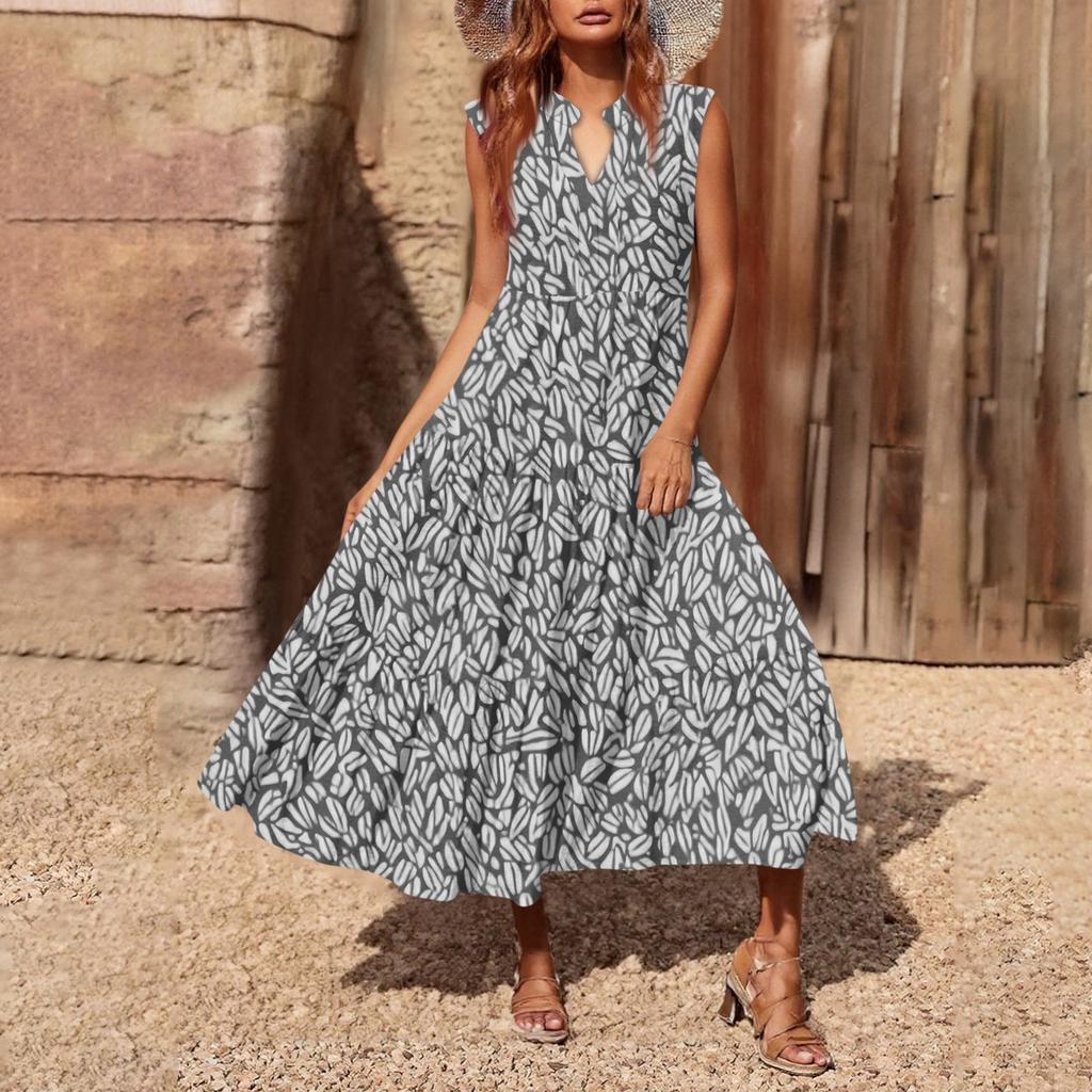 Women's Casual And Fashionable V-neck Sleeveless Printing Mid Length Dress