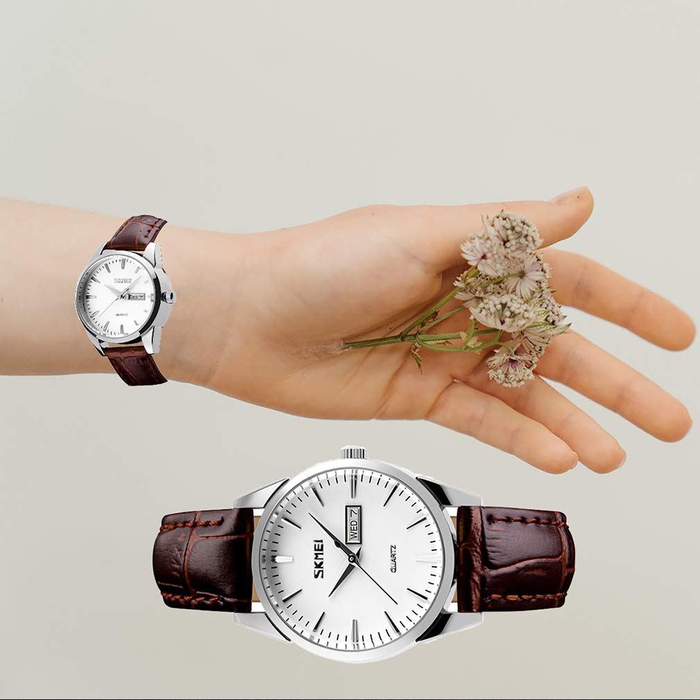 Beliebte Partneruhren für Damen und Herren. Klassisches braunes Lederarmband, wasserdicht und luxuriös. Ein perfektes Geschenk für Hochzeiten, Jubiläen,