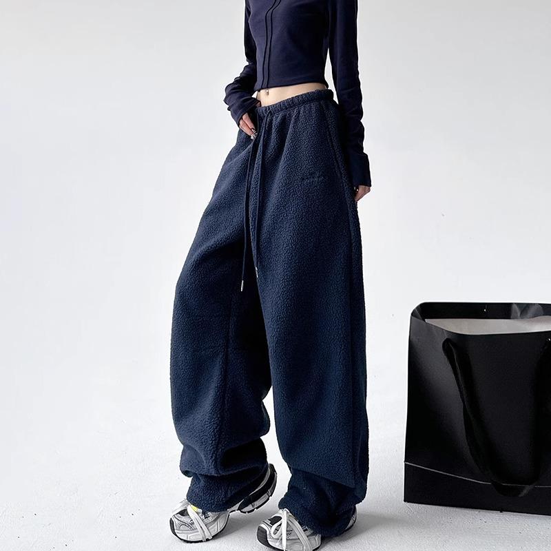 Simple Women's Thickened Pants Elastic Waist Polar Fleece Drawstring Straight Bottom Wide Leg Female Trousers Autumn Winter