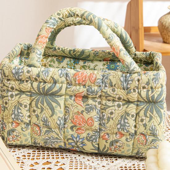 Quilted Floral Storage Basket Fabric Foldable Storage Tote with Handles Boho Collapsible Basket for Nursery Toys Towels Clothes Storage